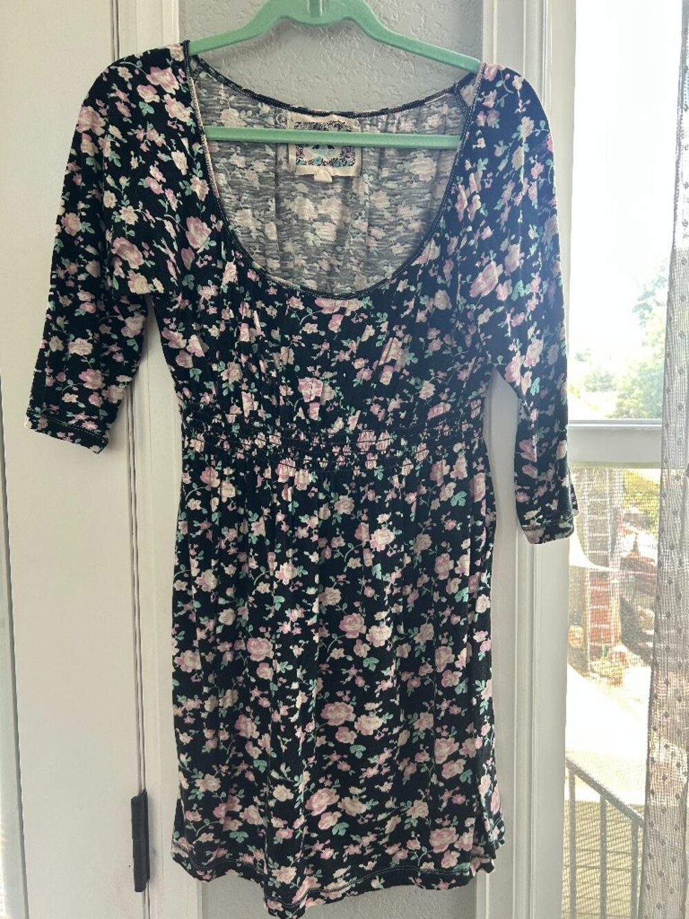 Chelsea & Violet Floral Babydoll Dress Black Pink Roses Size Large Boho